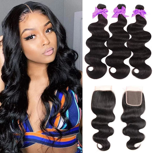 Brazilian Bundles with 4x4 Lace Closure Natural Color (14 16 18+12)